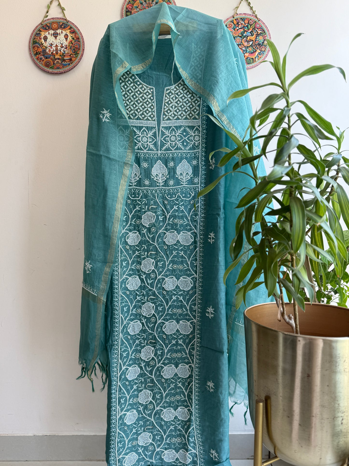 Buy Lucknowi Chikankari Suit Set with Thread Work and full panel work in Mul Chanderi add on Pearl Work and Cut Dana
