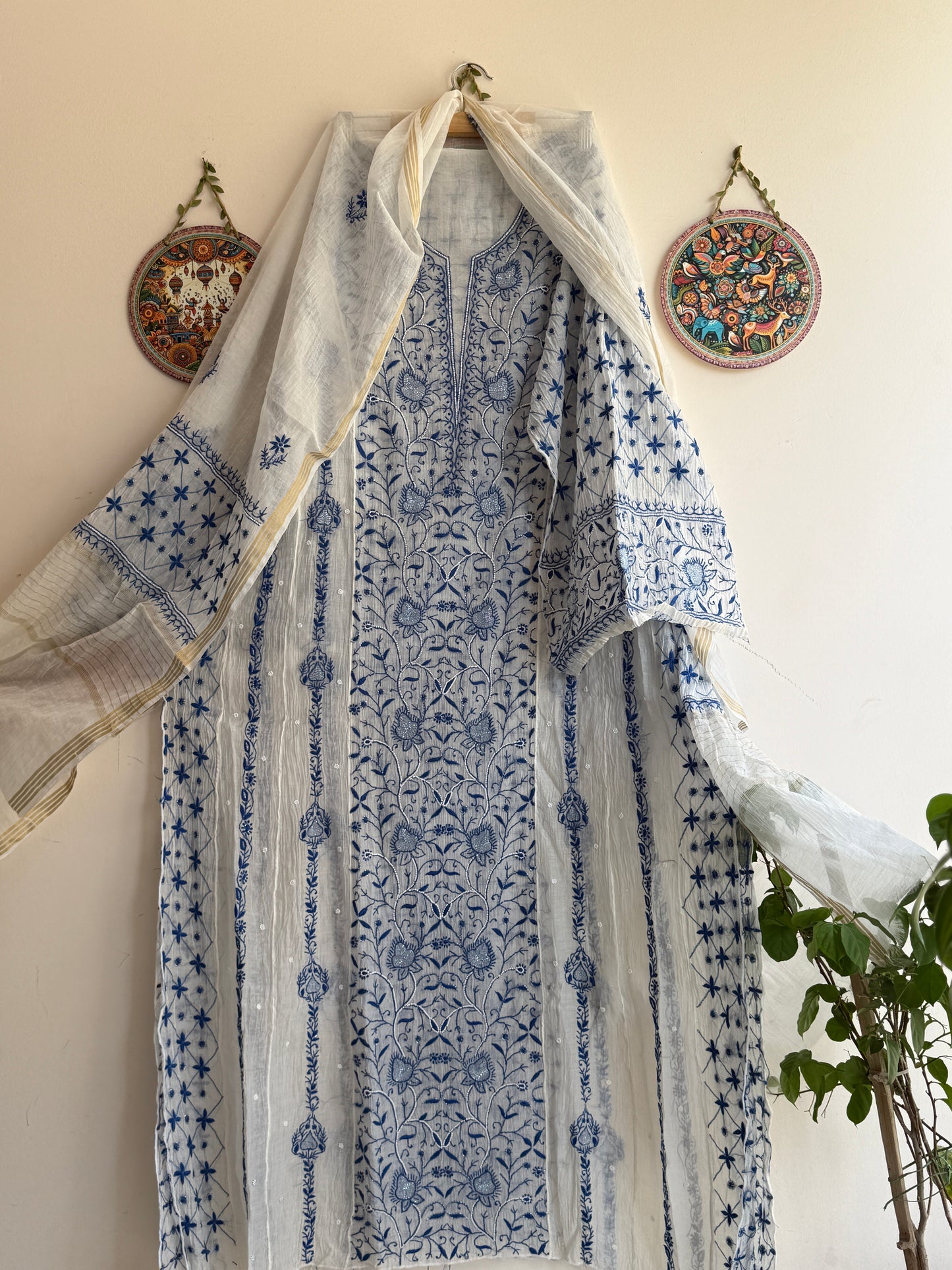 Mul Chanderi Lucknowi Chikankari Anarkali Set with Dupatta – Cream Base and Blue Embroidery | Vastrasar
