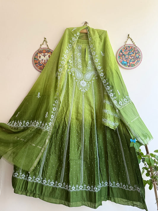 Lucknowi Chikankari Anarkali Suit Set with Dupatta in Premium Chanderi Silk Fabric | Hand Embroidery with Pearl & Cutdana Work
