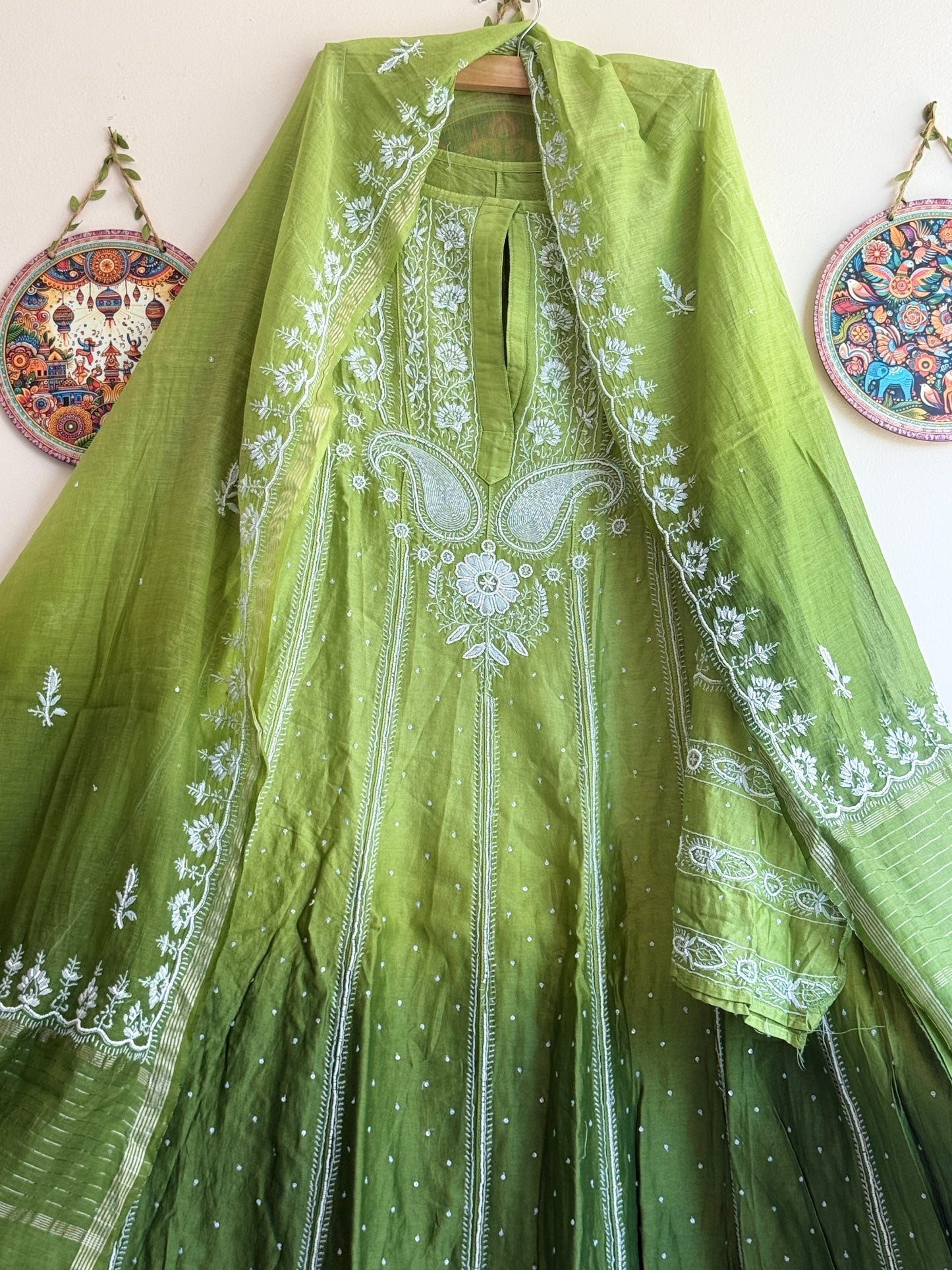 Lucknowi Chikankari Anarkali Suit Set with Dupatta in Premium Chanderi Silk Fabric | Hand Embroidery with Pearl & Cutdana Work