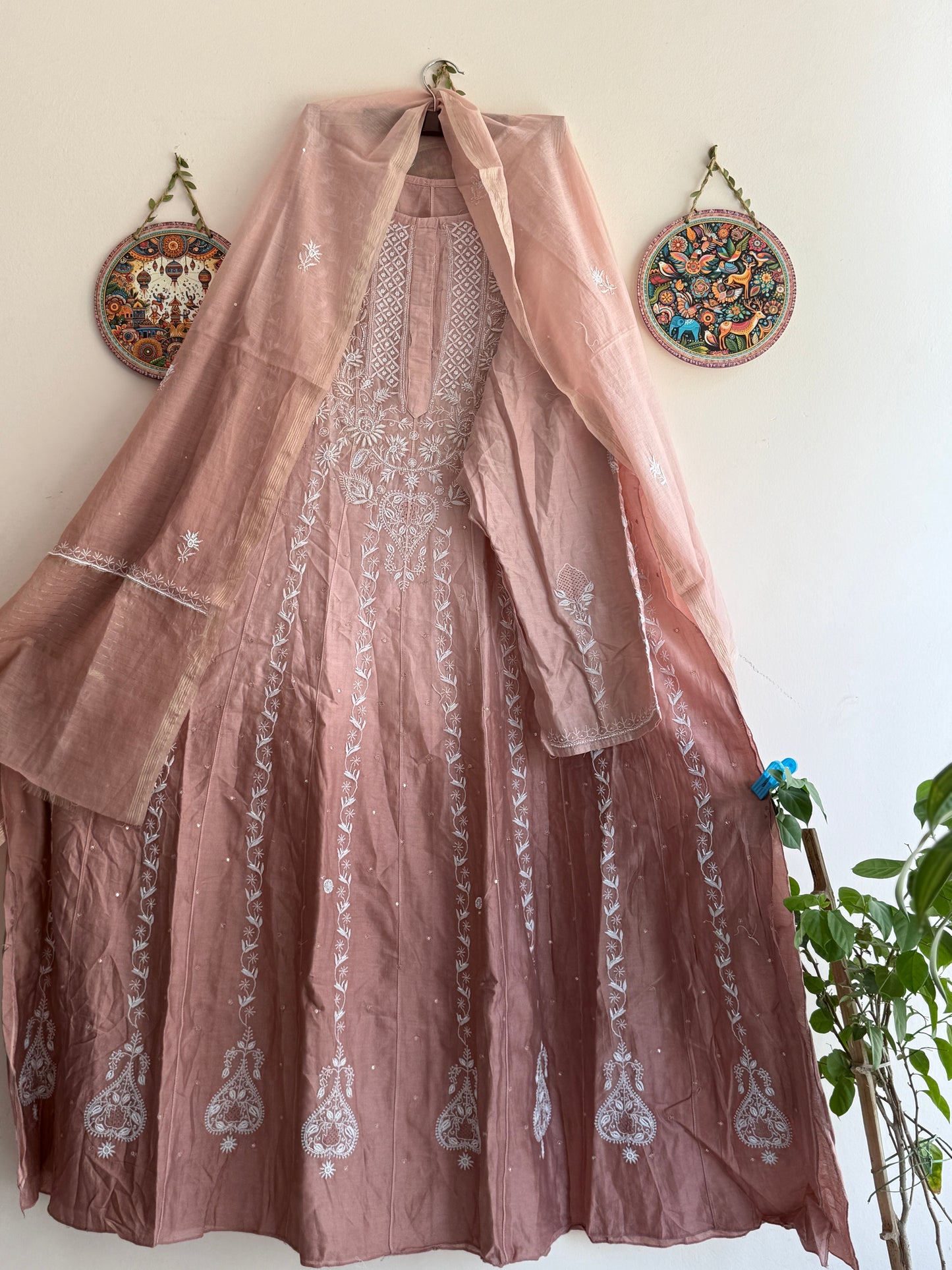 Lucknowi Chikankari Anarkali Suit Set with Dupatta in Premium Chanderi Silk Fabric | Hand Embroidery with Pearl & Cutdana Work