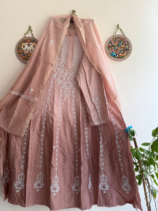 Lucknowi Chikankari Anarkali Suit Set with Dupatta in Premium Chanderi Silk Fabric | Hand Embroidery with Pearl & Cutdana Work