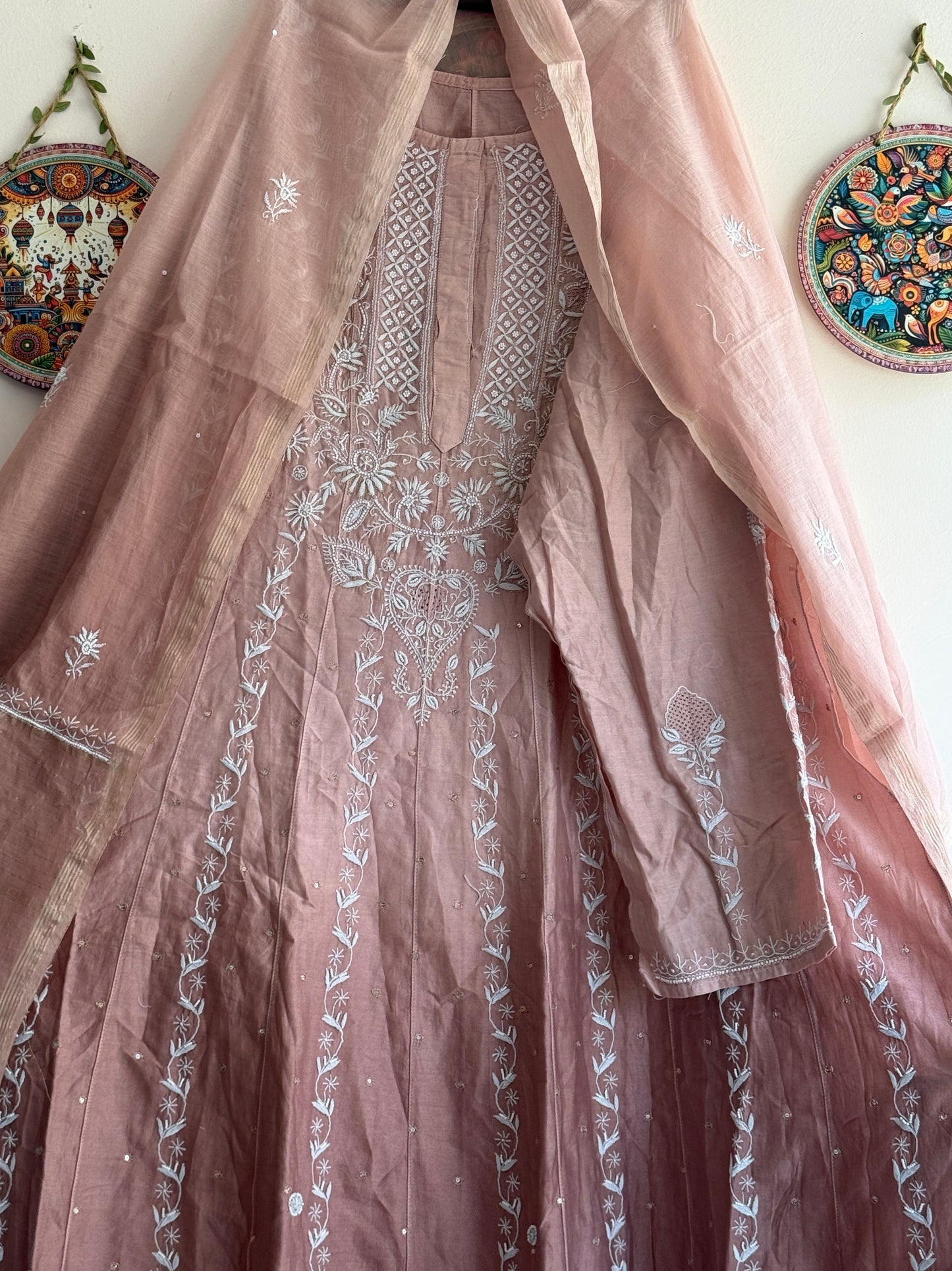 Lucknowi Chikankari Anarkali Suit Set with Dupatta in Premium Chanderi Silk Fabric | Hand Embroidery with Pearl & Cutdana Work