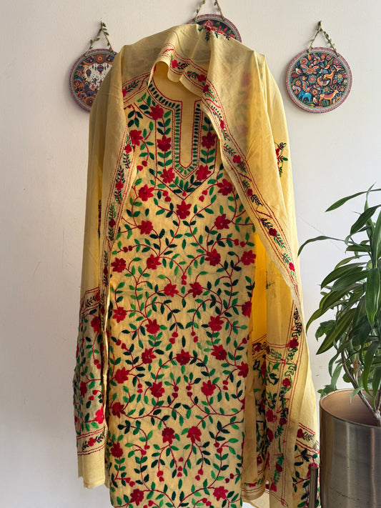 🌼 Bengal Handloom – Phulkari Pure Cotton Embroidered Suit Set-Coloured Base