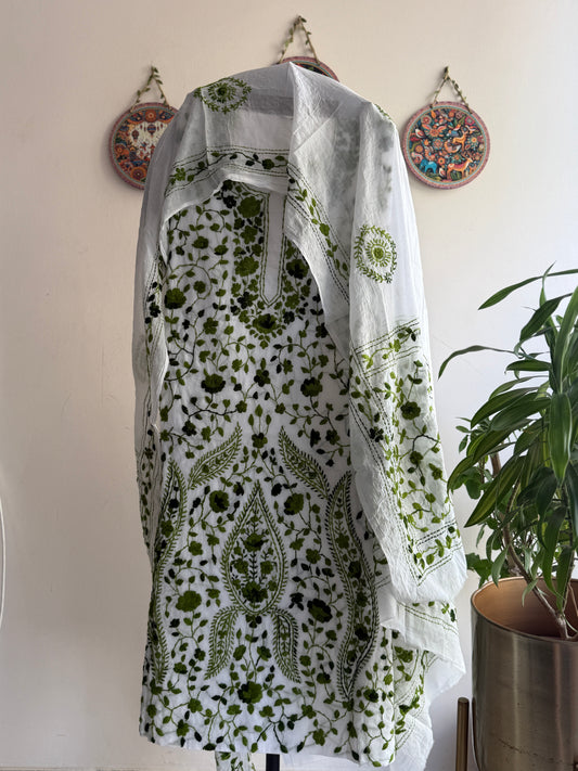 🌼 Bengal Handloom – Phulkari Pure Cotton Embroidered Suit Set-White Base