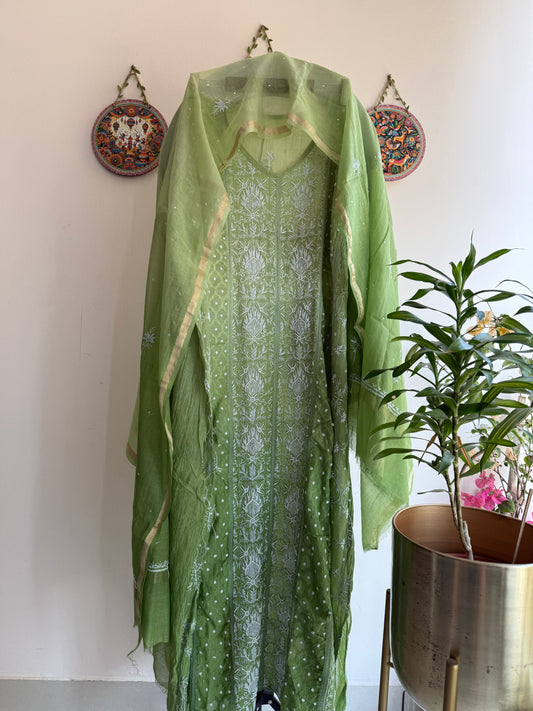 Mul Chanderi Lucknowi Chikankari Anarkali suit set with dupatta