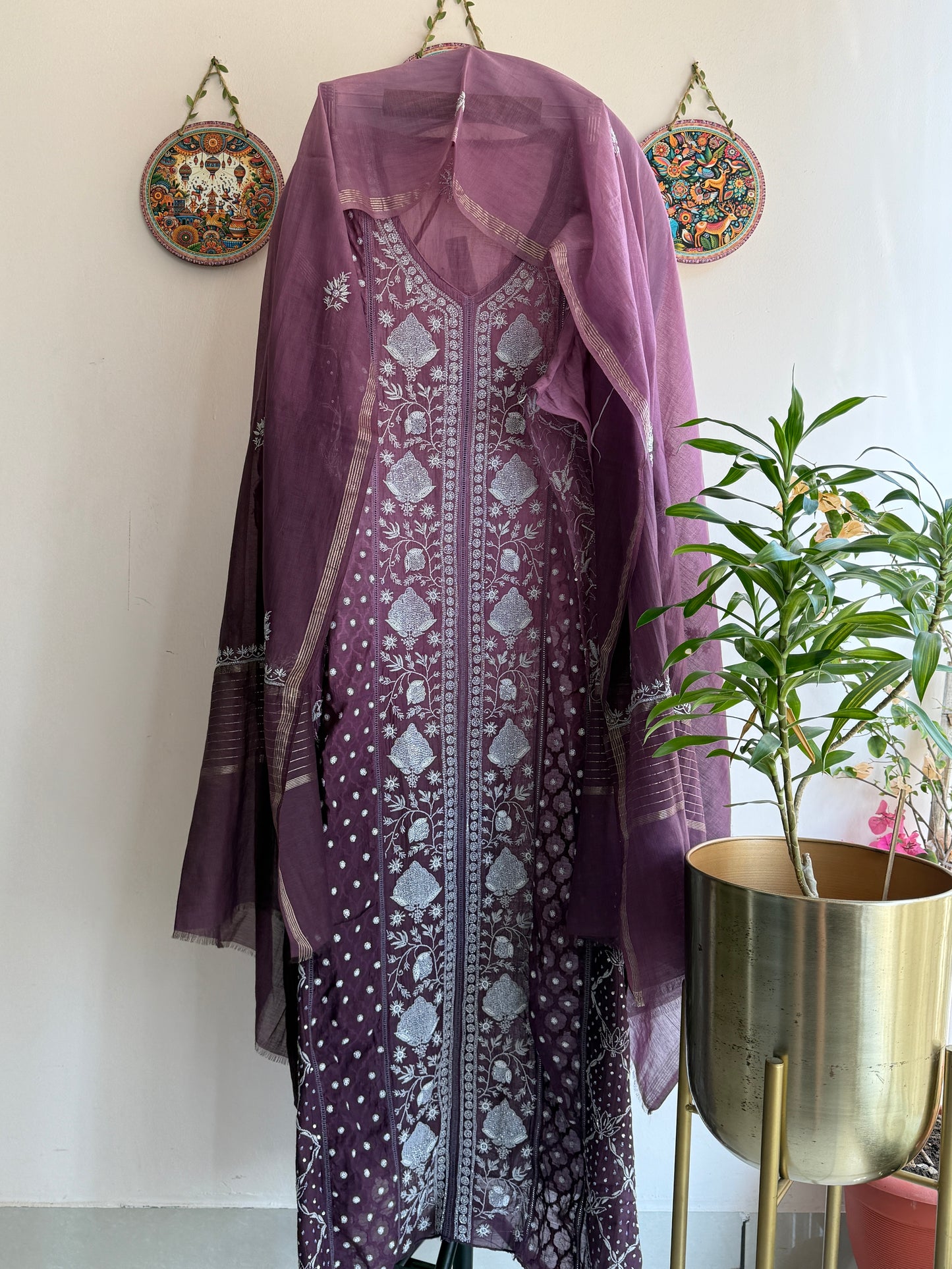 Mul Chanderi Lucknowi Chikankari Anarkali suit set with dupatta