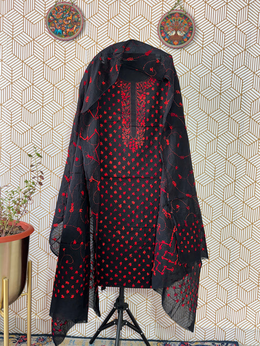 Kantha hand embroidered Suit Set Pure Cotton- Star Pattern with Black Base