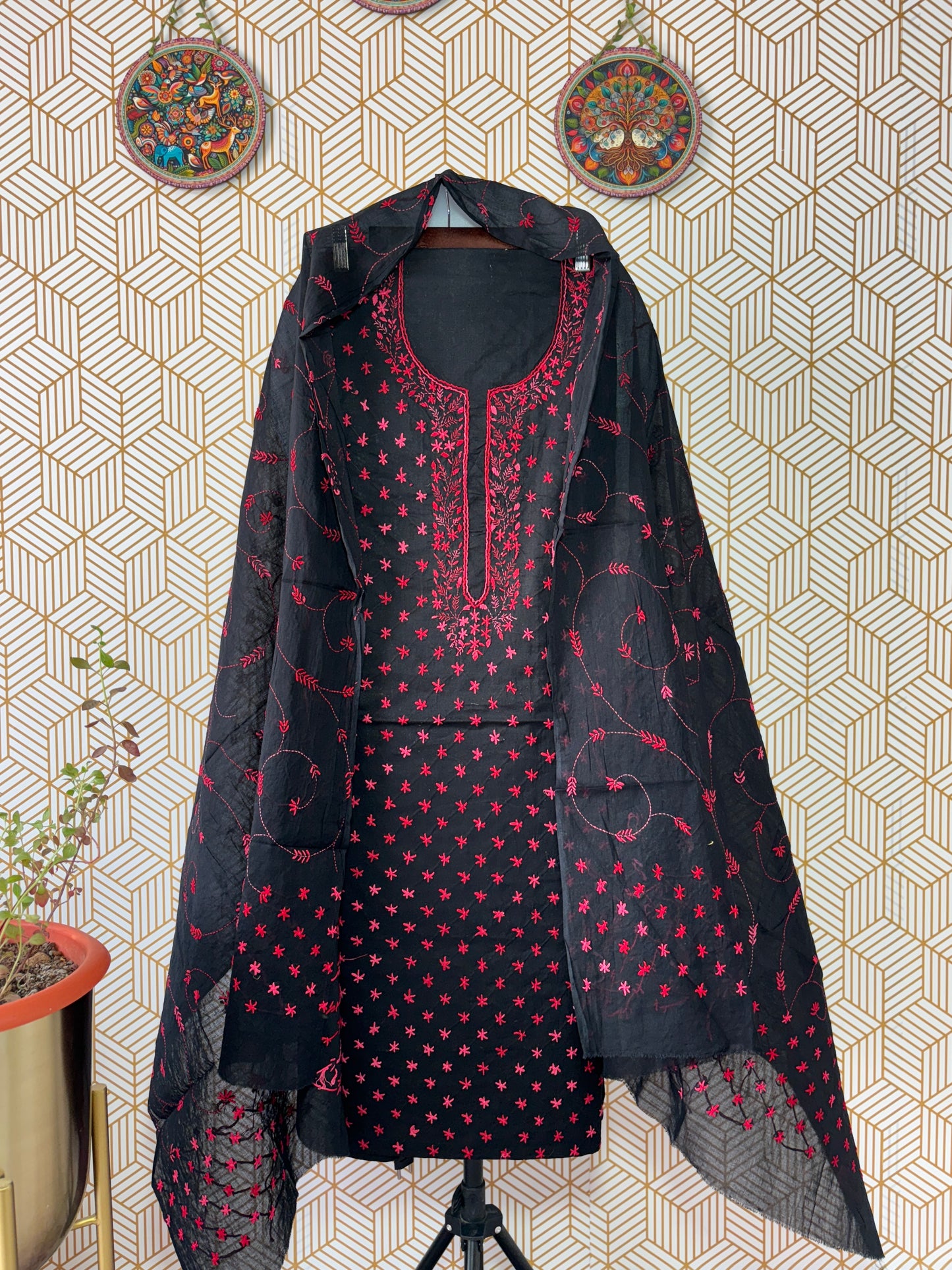 Kantha hand embroidered Suit Set Pure Cotton- Star Pattern with Black Base