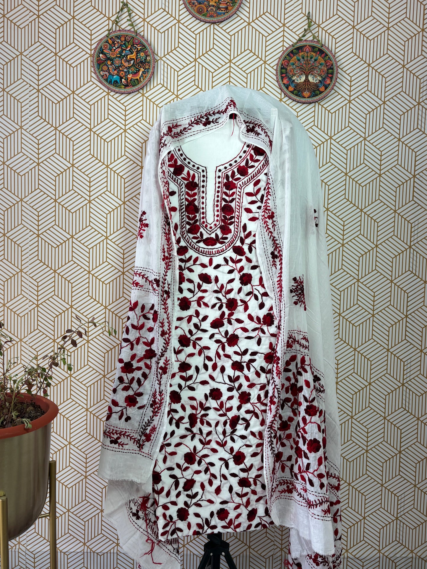 Phoolkari hand embroidered Suit Set- White Base with Single Color Flower