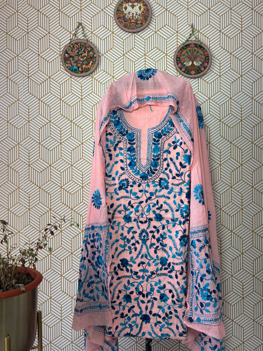 Phoolkari hand embroidered Suit Set- Colorful base with Colorful Flower