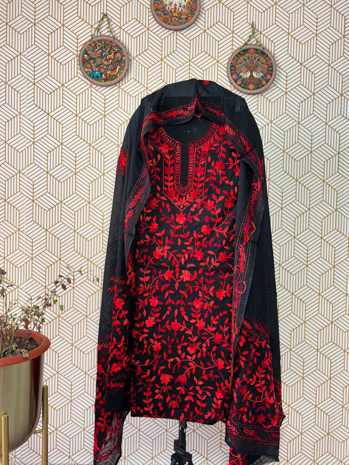 Phoollkari hand embroidered Suit Set- Black Base with Single Color Flower