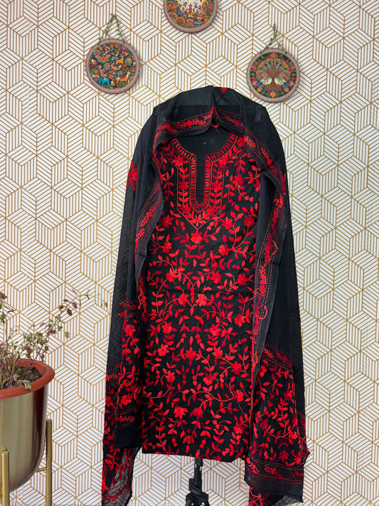 Phoollkari hand embroidered Suit Set- Black Base with Single Color Flower