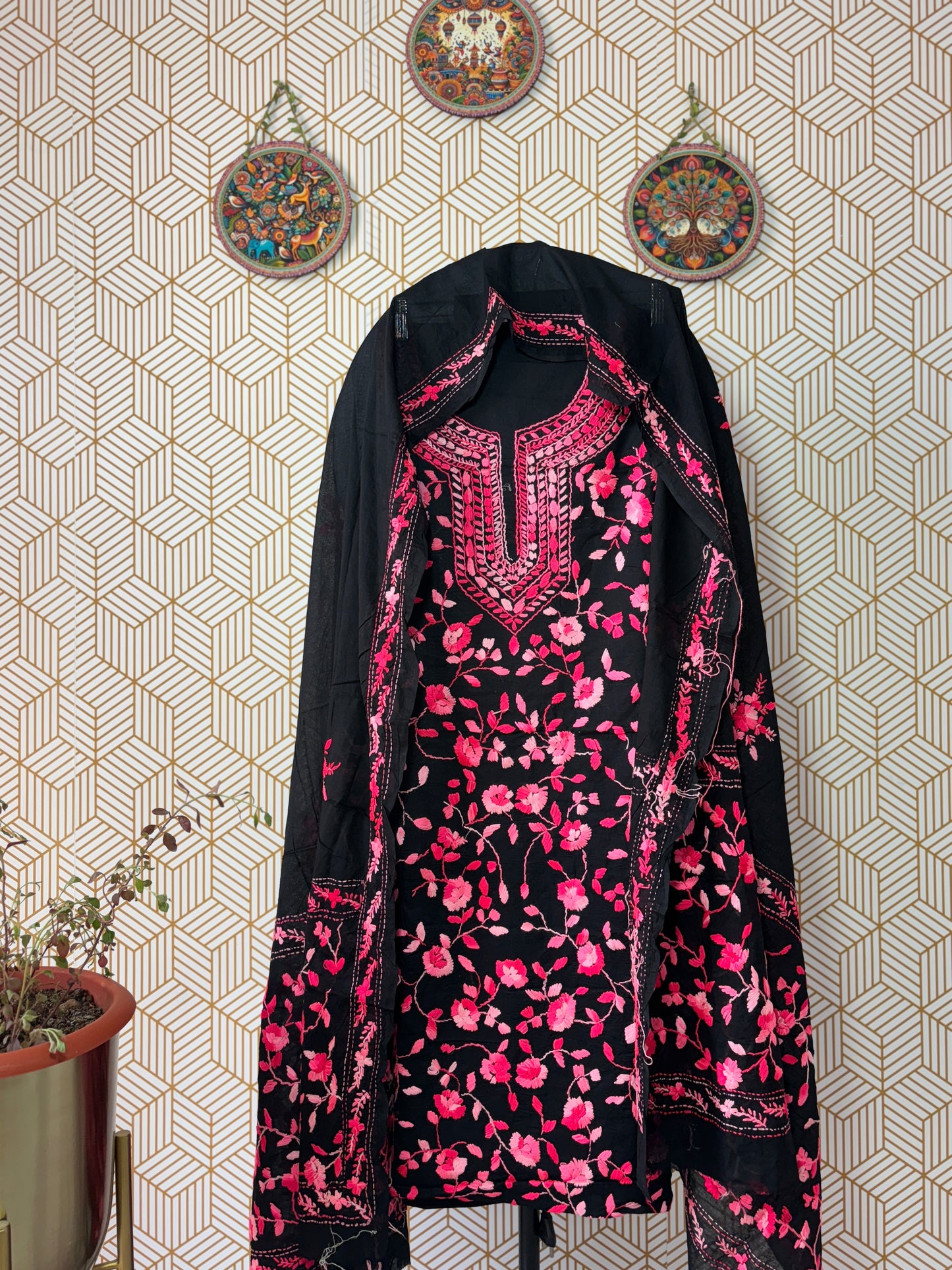 Phoollkari hand embroidered Suit Set- Black Base with Single Color Flower