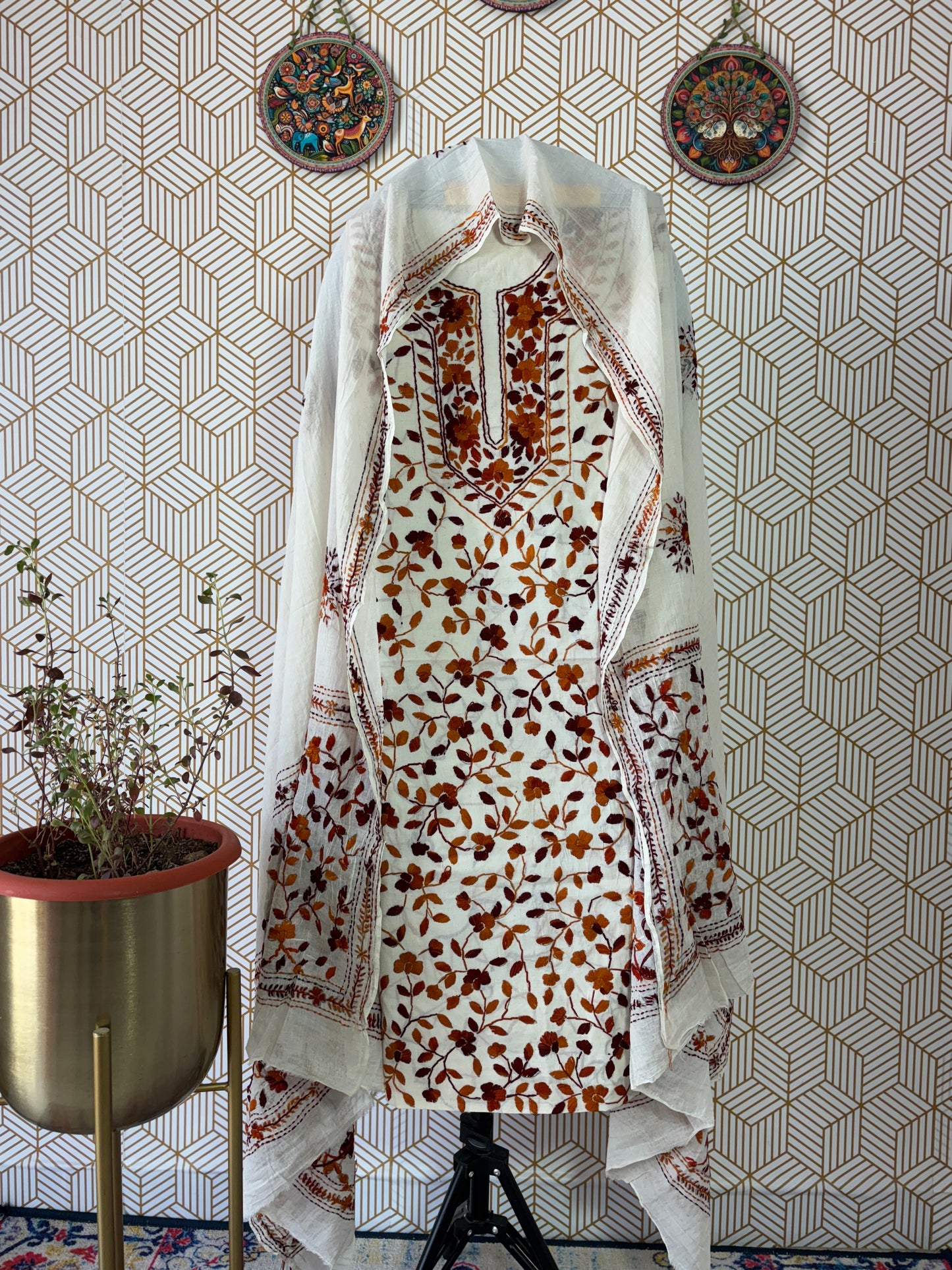 Phoolkari hand embroidered Suit Set- White Base with Single Color Flower
