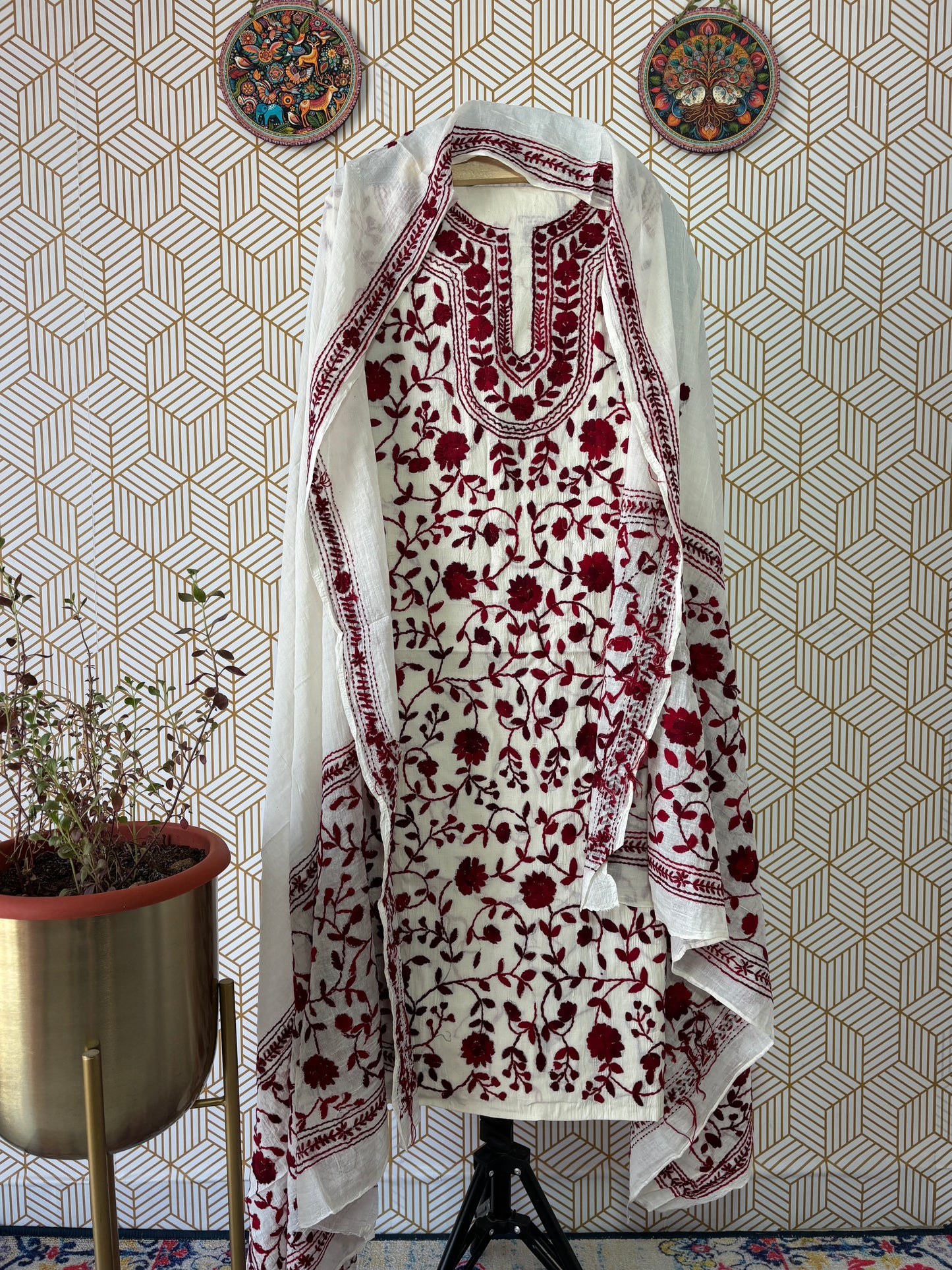 Phoolkari hand embroidered Suit Set- White Base with Single Color Flower