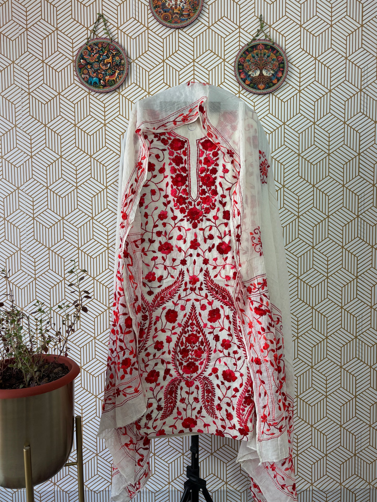Phoolkari hand embroidered Suit Set- White Base with Single Color Flower