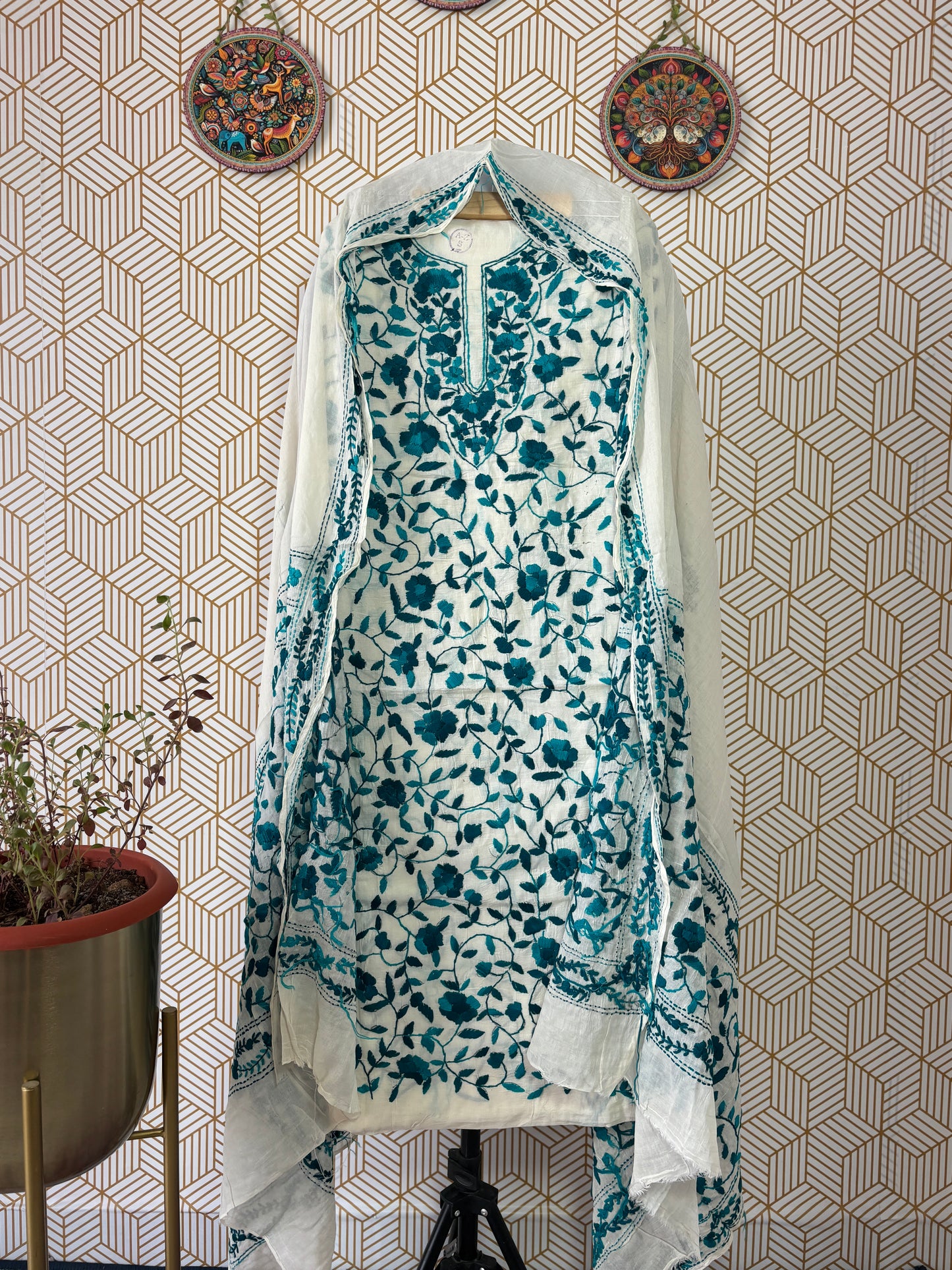Phoolkari hand embroidered Suit Set- White Base with Single Color Flower
