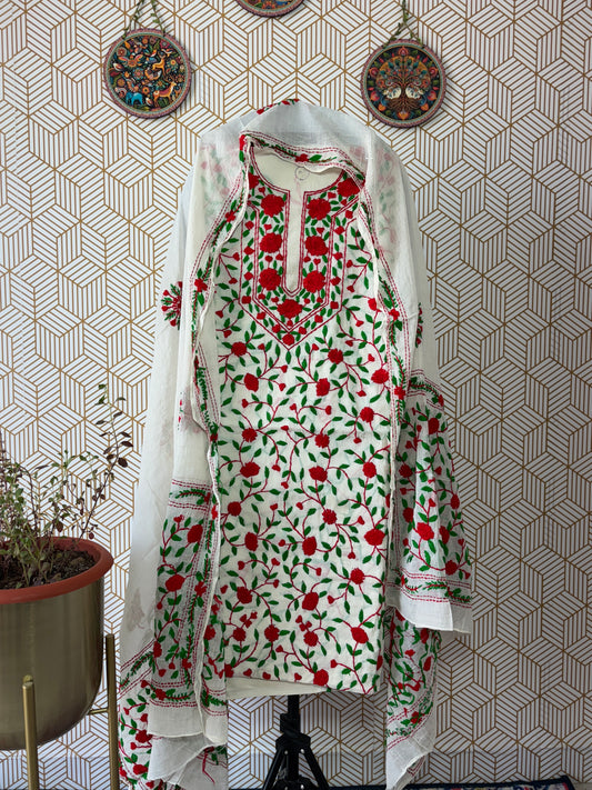 Phoolkari hand embroidered Suit Set- White Base with Multi Color Flower
