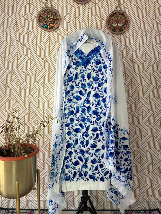 Phoolkari hand embroidered Suit Set- White Base with Single Color Flower