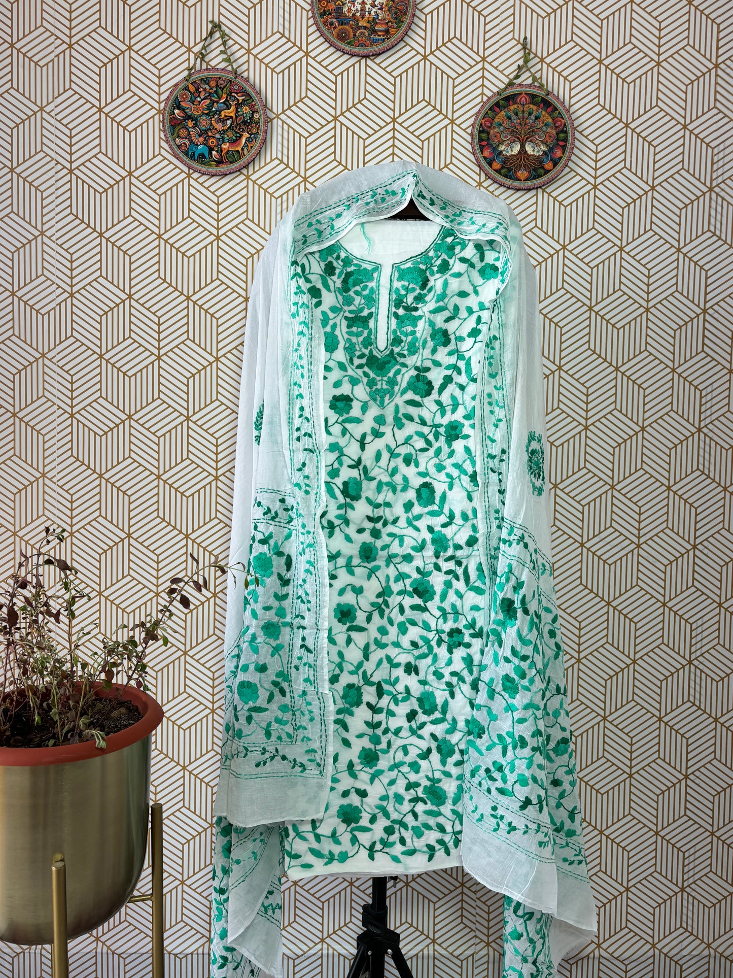 Phoolkari hand embroidered Suit Set- White Base with Single Color Flower