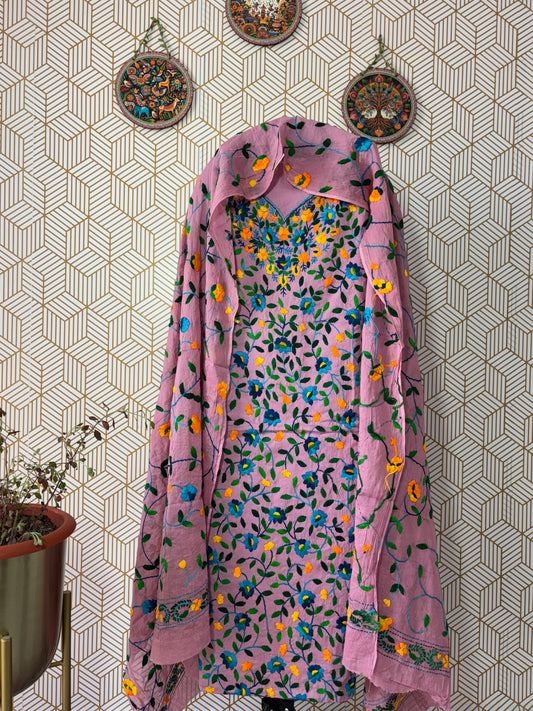Phoolkari hand embroidered Suit Set- Colorful Base with Multi Color Flower and heavy dupatta
