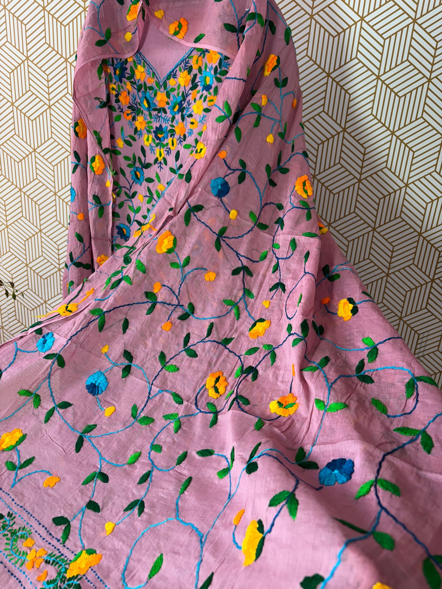Phoolkari hand embroidered Suit Set- Colorful Base with Multi Color Flower and heavy dupatta