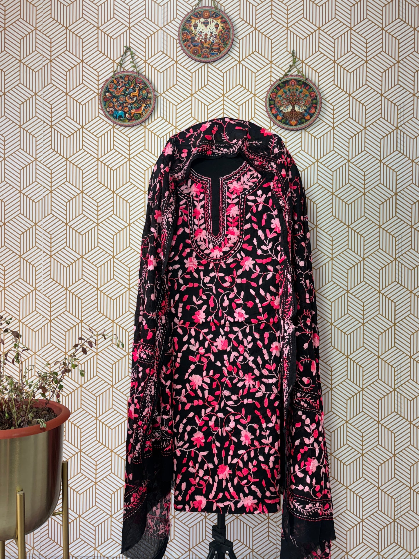 Phoolkari hand embroidered Suit Set- Colorful Base with Multi Color Flower and heavy dupatta