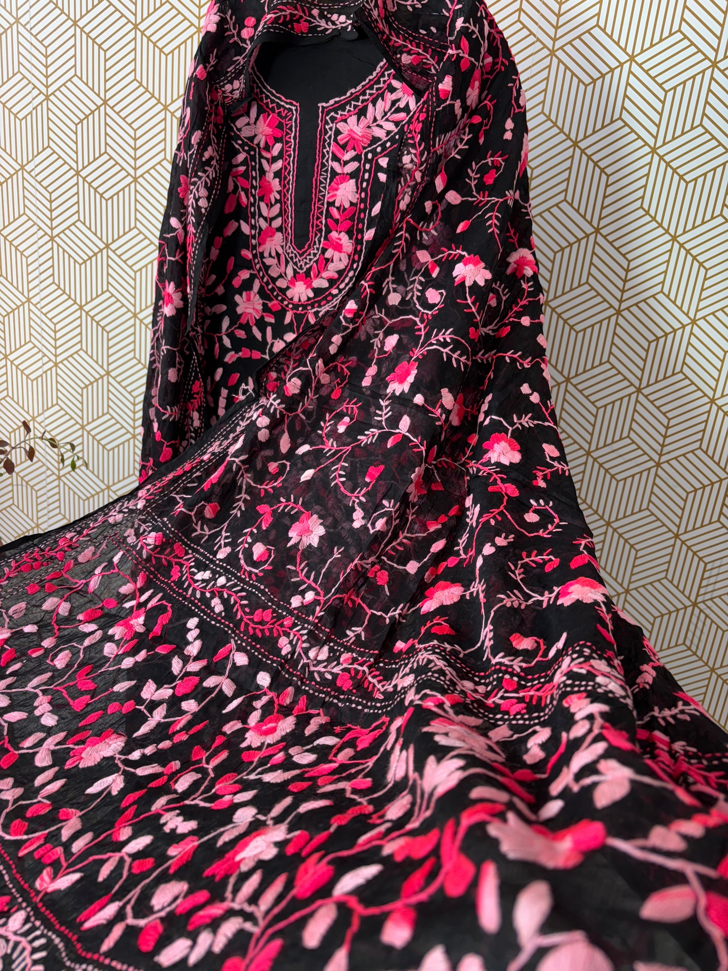 Phoolkari hand embroidered Suit Set- Colorful Base with Multi Color Flower and heavy dupatta