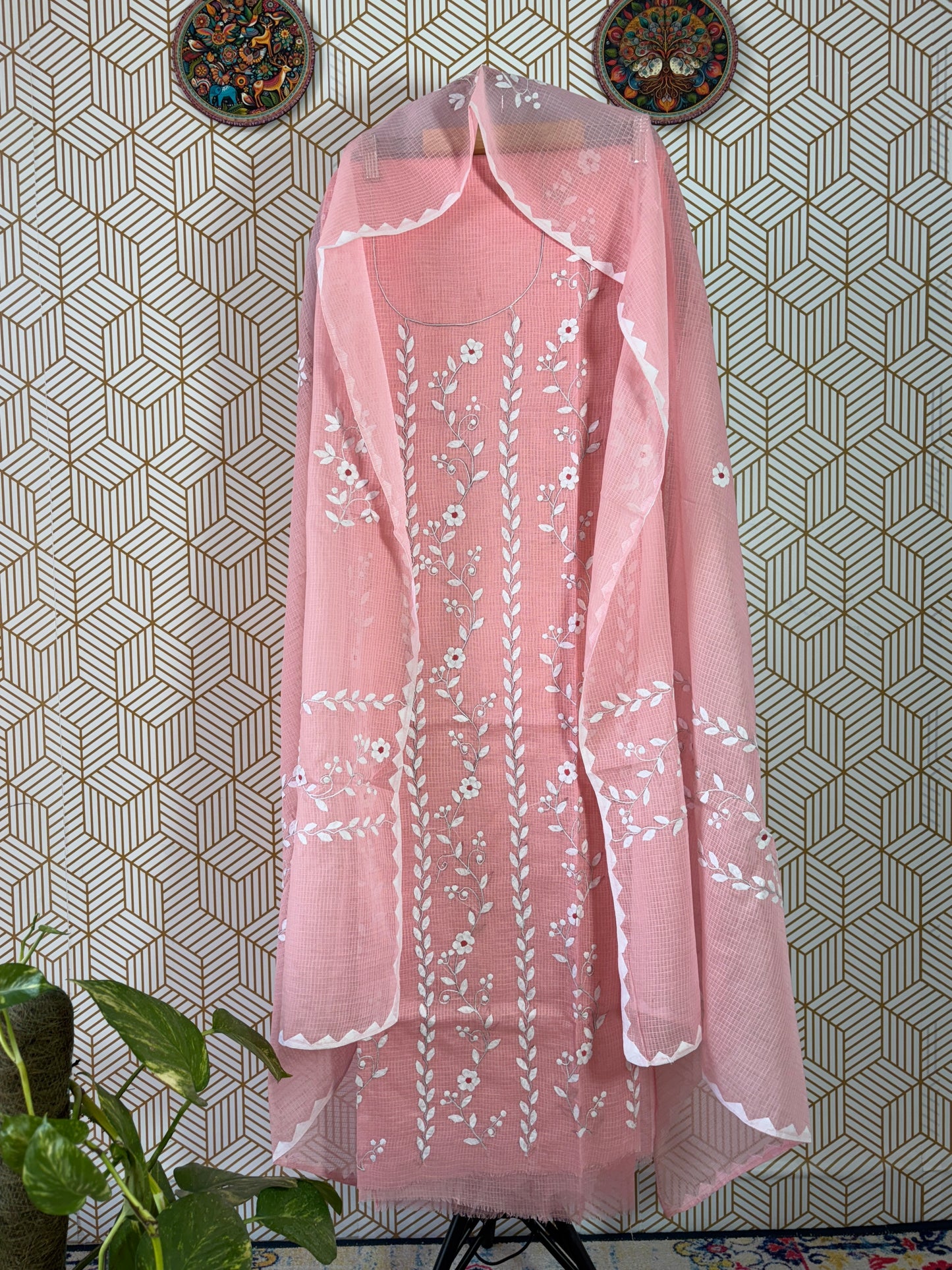 Aligarh's Tradional handcrfted Phoolpatti (applique)- Multicolor Base with White Phoolpatti