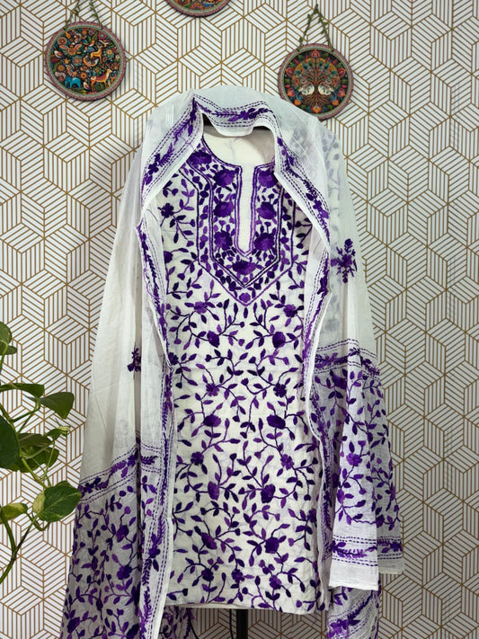 Phoolkari hand embroidered Suit Set- White Base with Single Color Flower