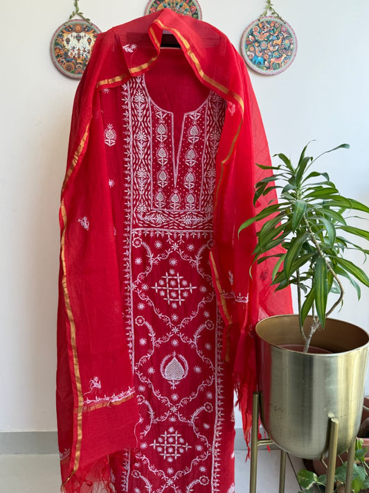 Authentic Hand embroidered Lucknowi Chikankari Mul Chanderi Suit