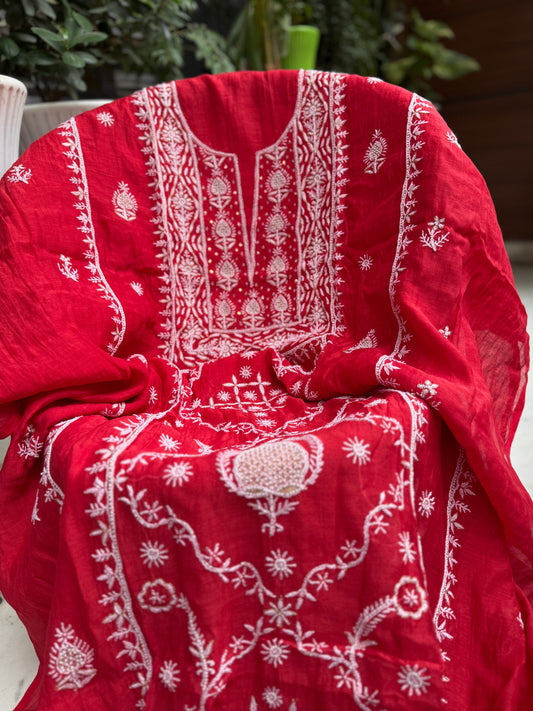 Authentic Hand embroidered Lucknowi Chikankari Mul Chanderi Suit