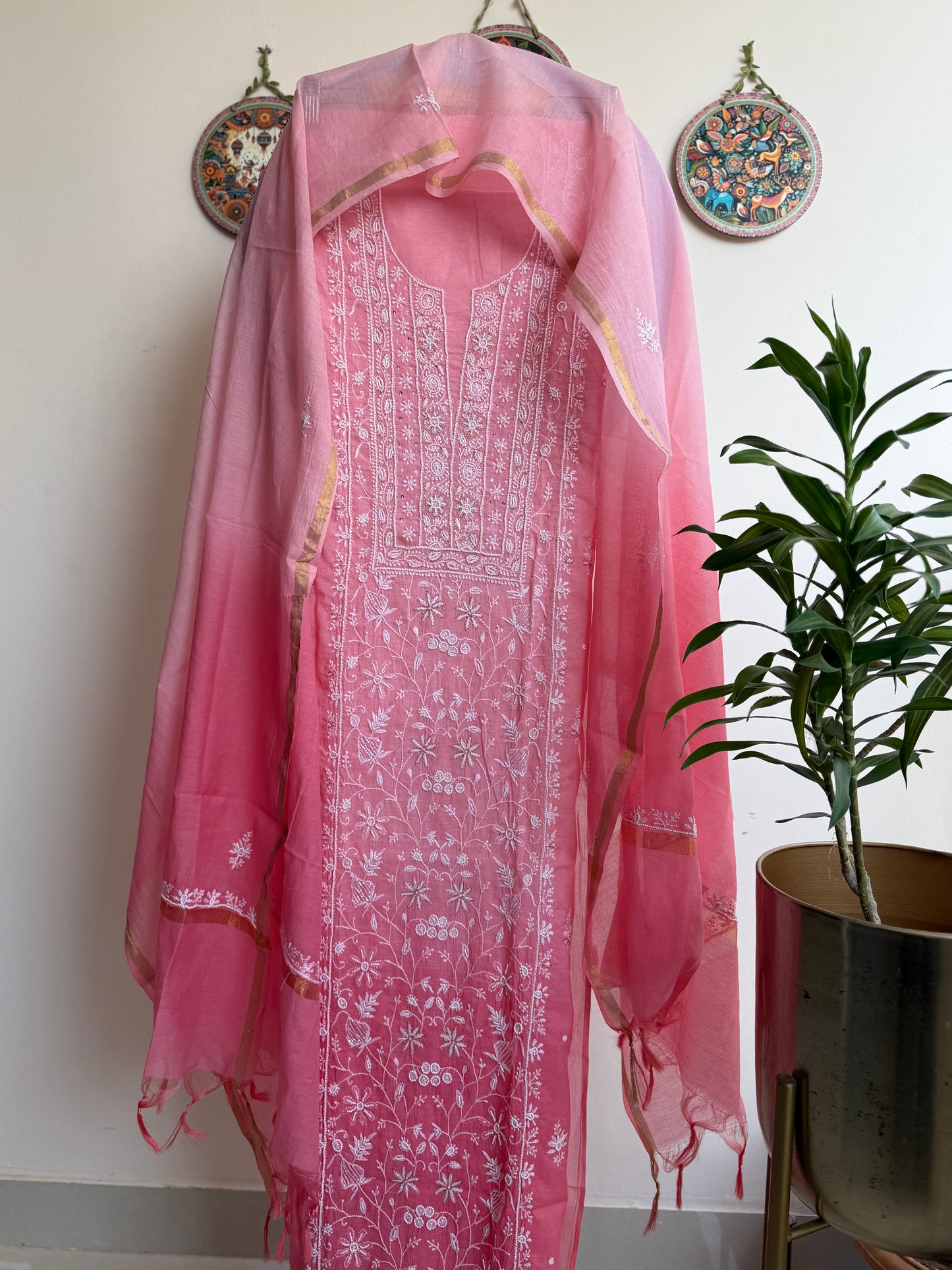 Authentic Hand embroidered Lucknowi Chikankari Mul Chanderi Suit