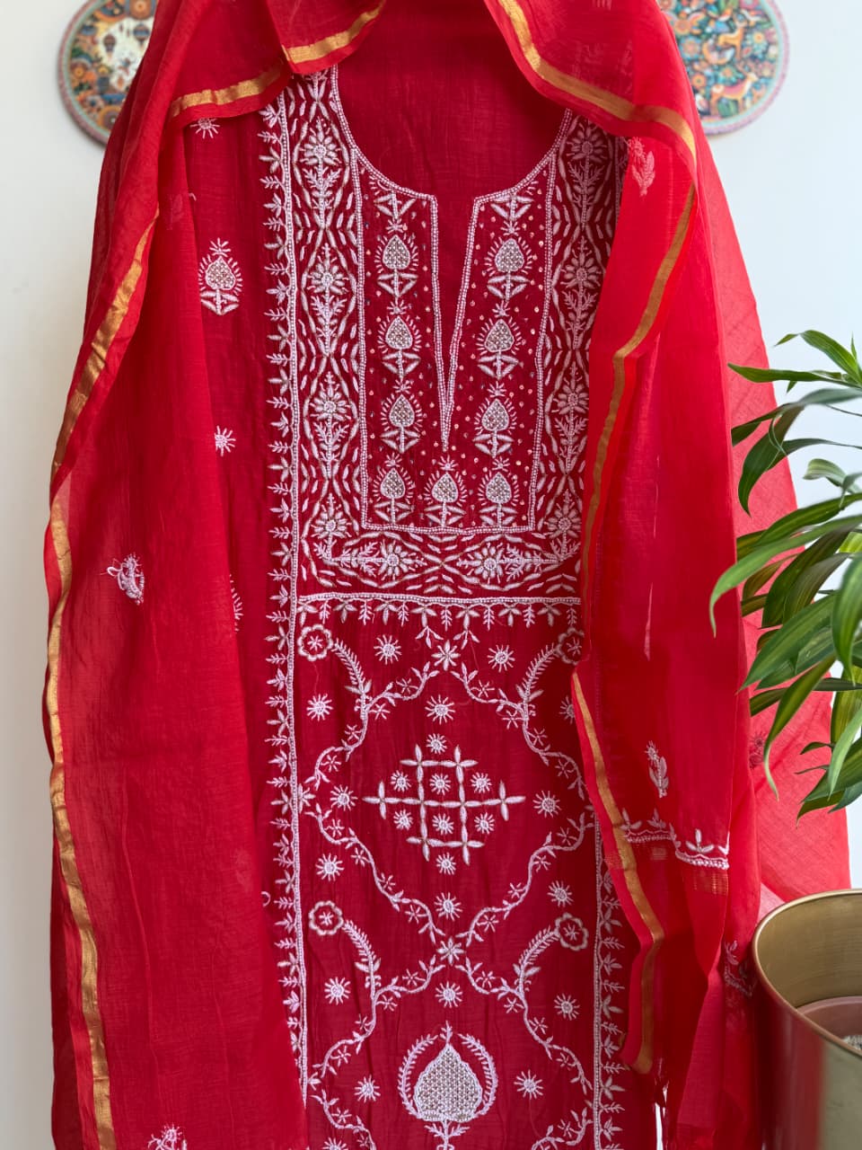 Authentic Hand embroidered Lucknowi Chikankari Mul Chanderi Suit