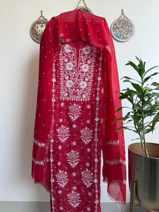 Authentic Hand embroidered Lucknowi Chikankari Mul Chanderi Suit