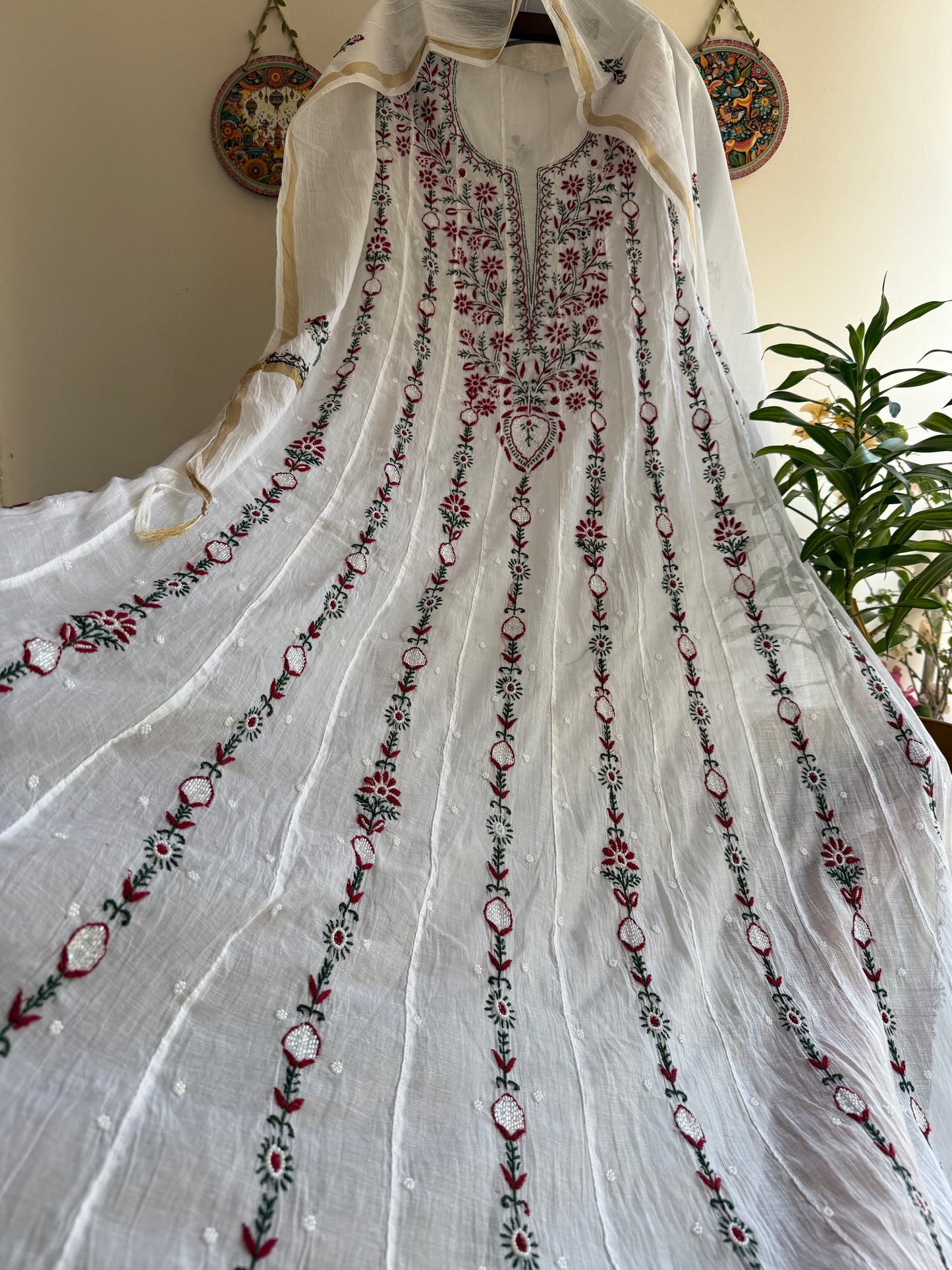 Flared Mul Chanderi Chikankari Anarkali showcasing elegant fall and intricate handcrafted embroidery