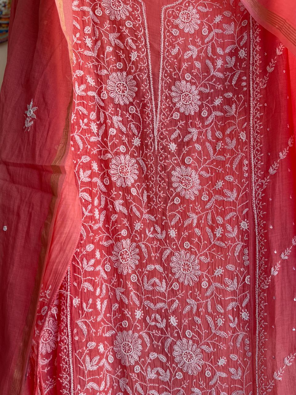 Close-up of authentic hand embroidered Chikankari on Pure Mul Chanderi fabric