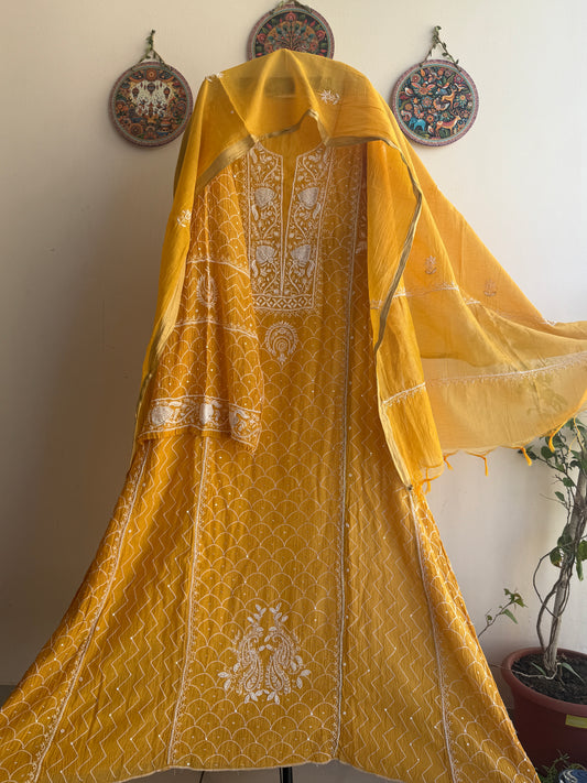 Pure Mul Chanderi Lucknowi Chikankari Anarkali Set with Dupatta | Bel & Jaal Hand Embroidery