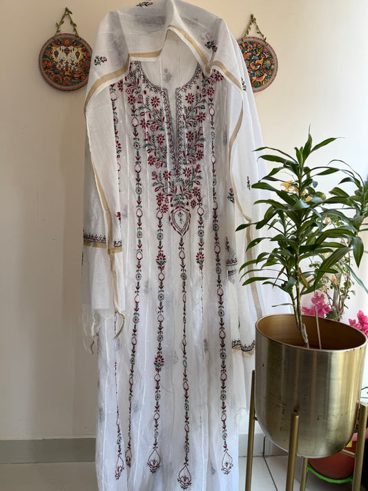 Pure Mul Chanderi Lucknowi Chikankari Anarkali set with vertical bel pattern embroidery and flared silhouette