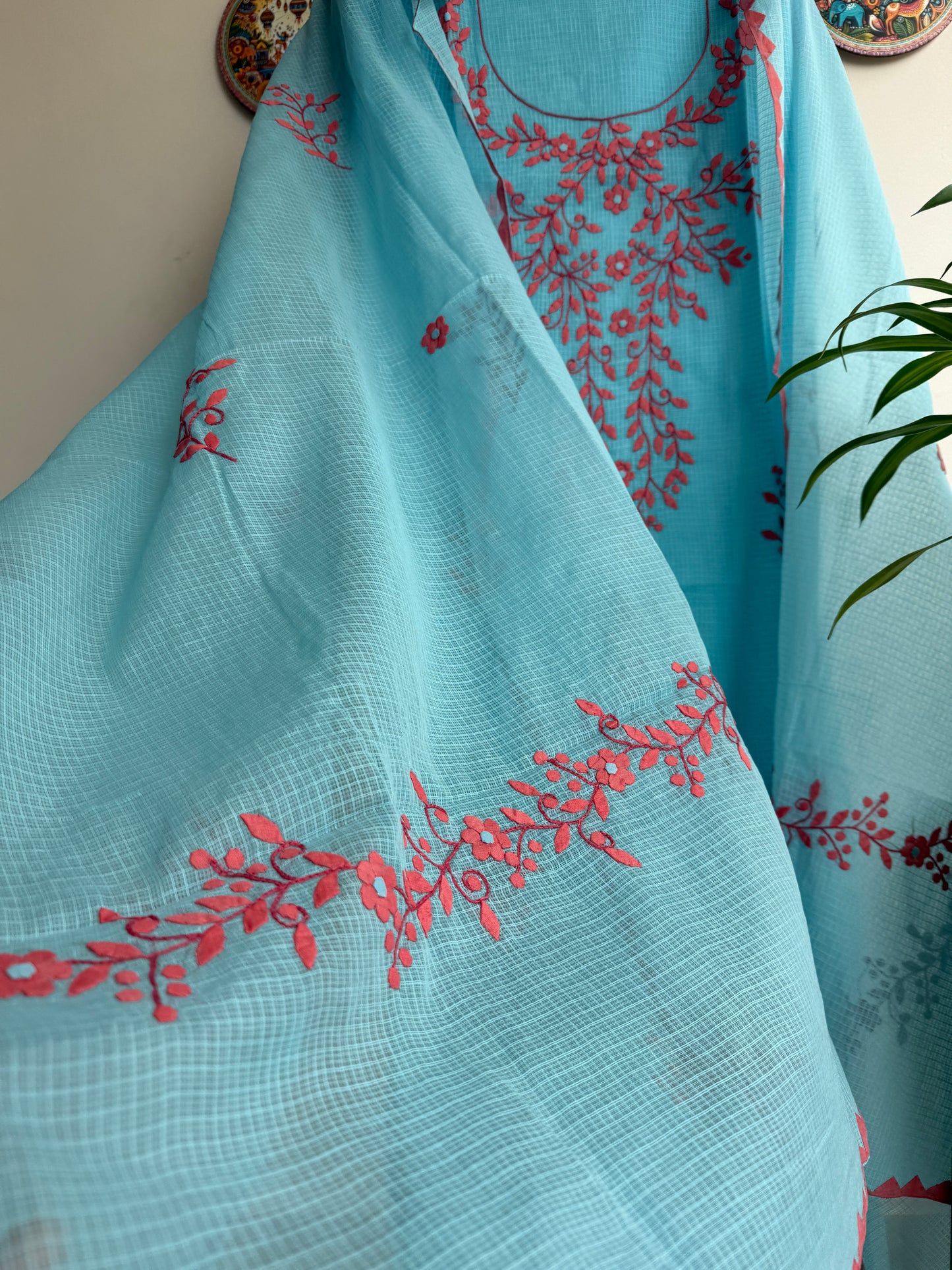 Kota cotton silk dupatta with delicate PhoolPatti applique floral motifs