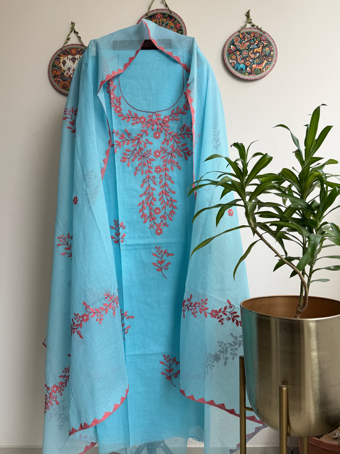 PhoolPatti applique work kurta dupatta set in cotton silk Kota fabric handcrafted ethnic wear