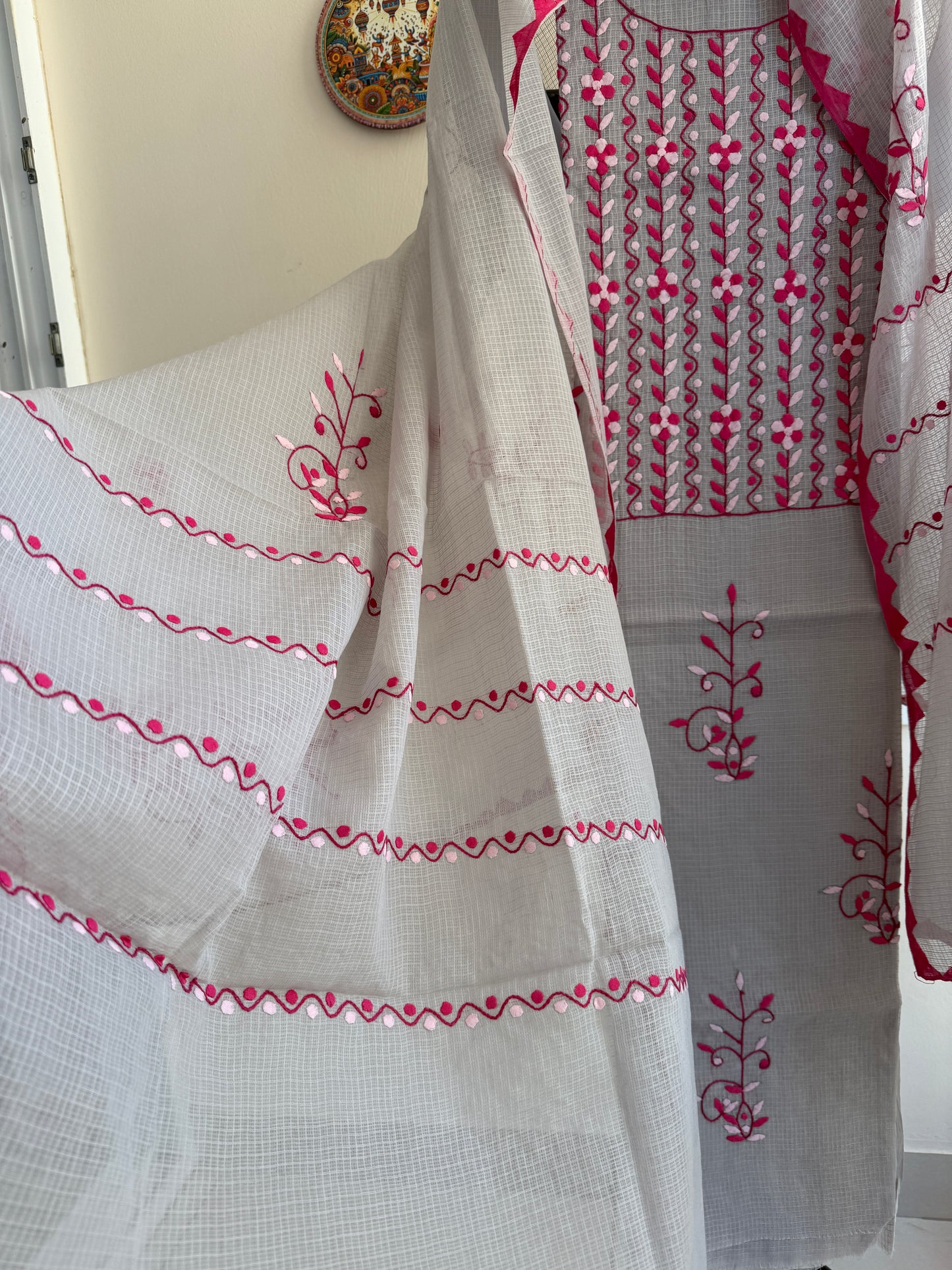 Kota cotton silk dupatta with delicate PhoolPatti applique floral motifs