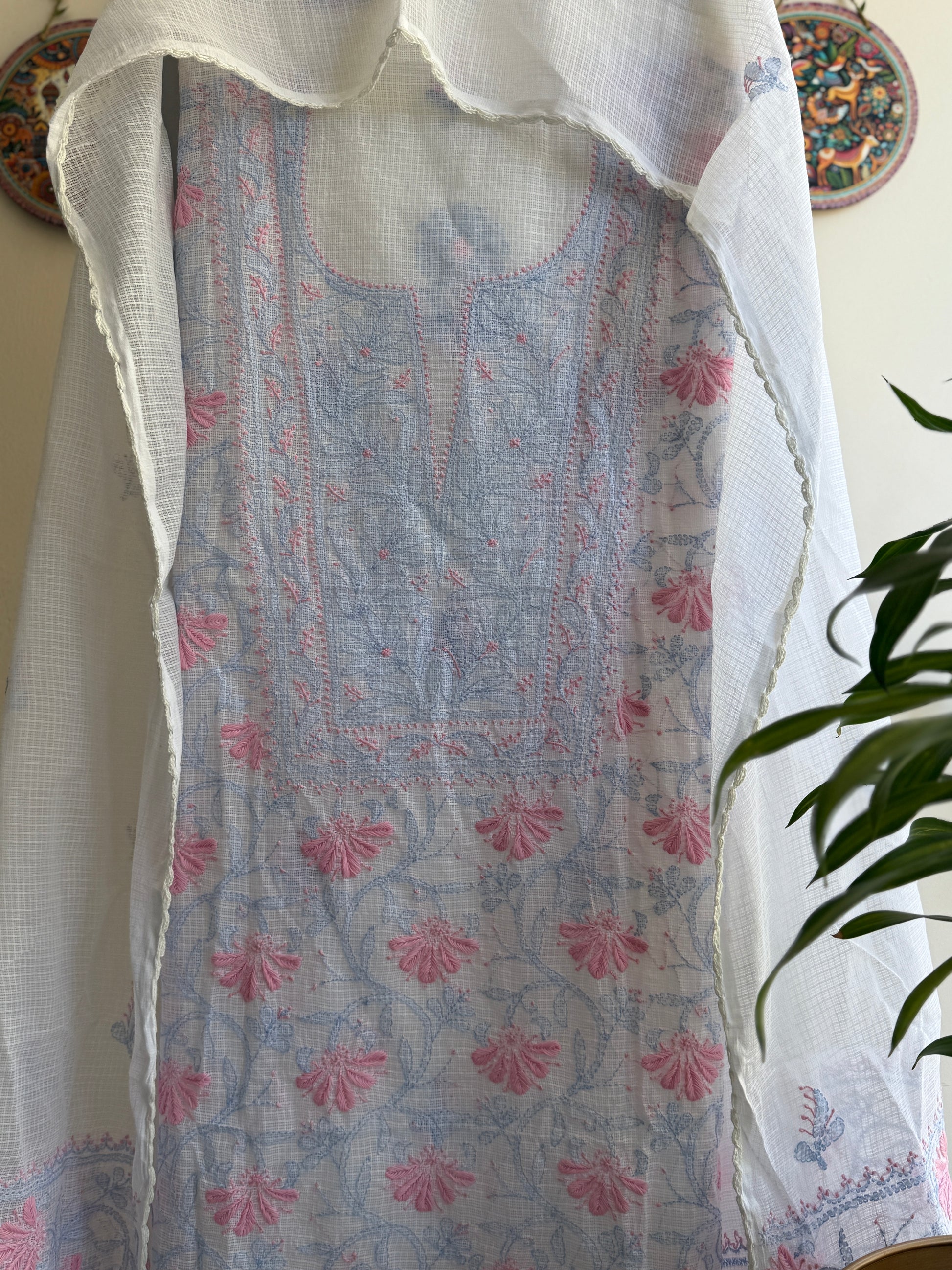Close-up of jaal work embroidery on Pure Kota Doria fabric showcasing fine craftsmanship