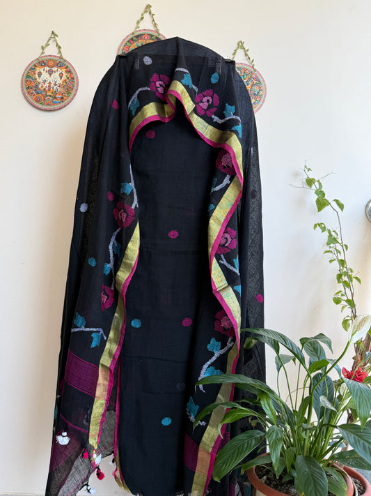 Pure linen Jamdani kurta and dupatta set with handwoven traditional motifs and elegant drape