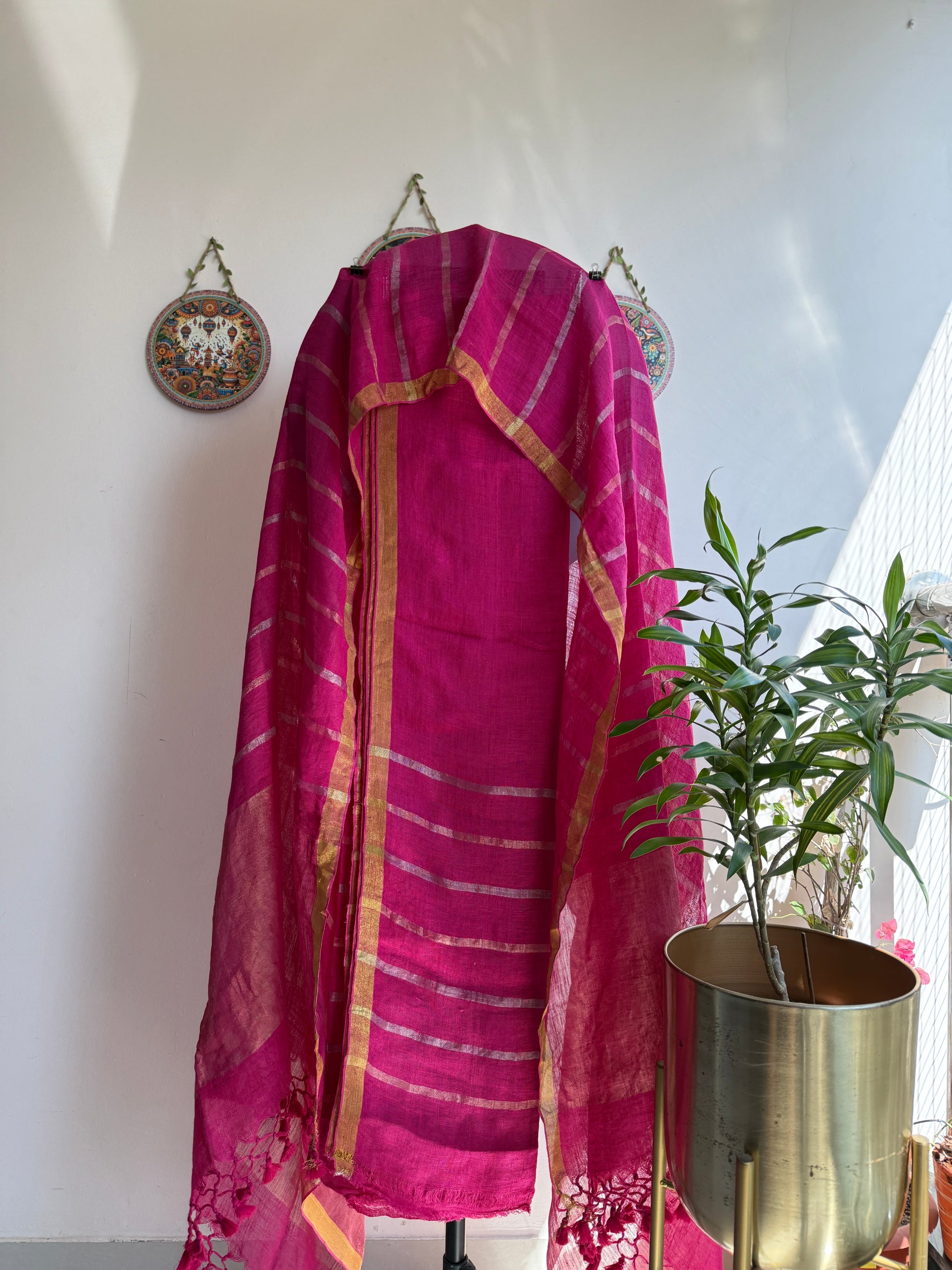 Pure linen Jamdani kurta and dupatta set with handwoven traditional motifs and elegant drape