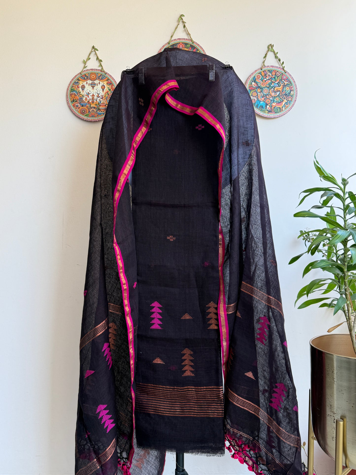 Pure linen Jamdani kurta and dupatta set with handwoven traditional motifs and elegant drape