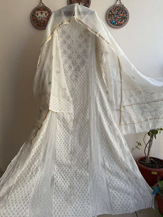 Pure Mul Chanderi Lucknowi Chikankari Anarkali set in undyed ivory with bel and jaal hand embroidery and dupatta