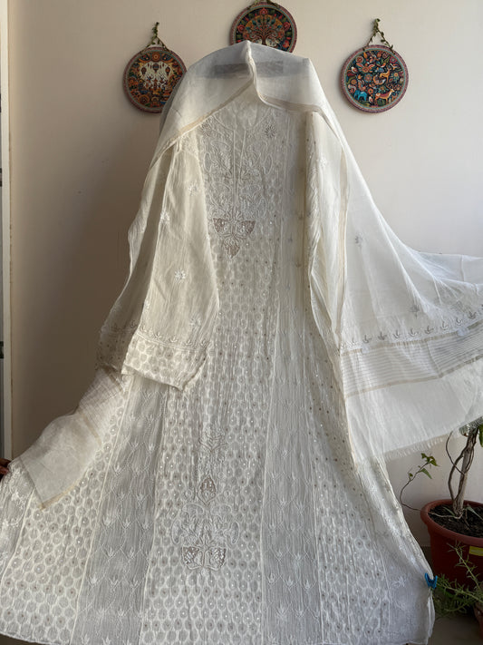 Flared Mul Chanderi Chikankari Anarkali featuring intricate jaal work and subtle cutdana embellishments with dupatta