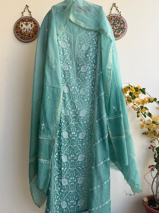 Pure Mul Chanderi Lucknowi Chikankari suit set with dupatta and handcrafted embroidery